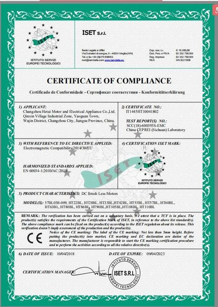 中国 Changzhou Hetai Motor And Electric Appliance Co., Ltd. 認証